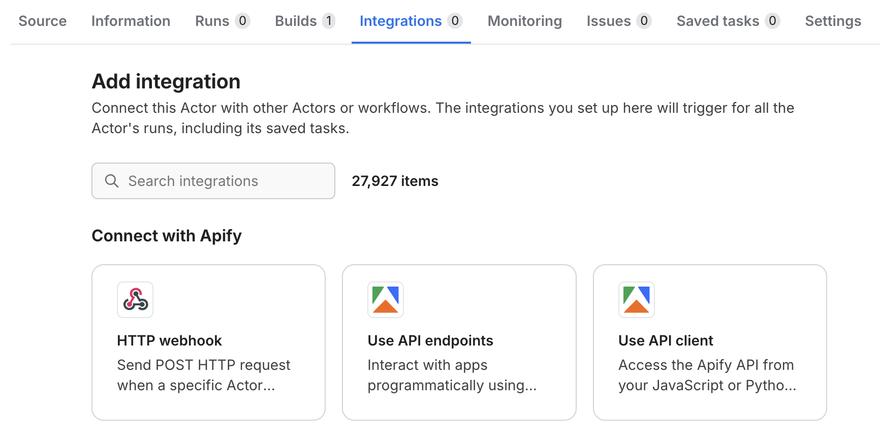 Add integration page on an Actor's Integrations tab