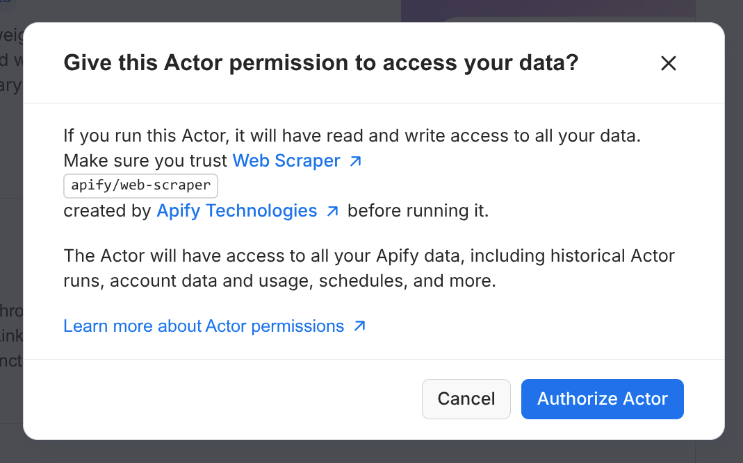 Confirmation modal to approve running a full-permission Actor
